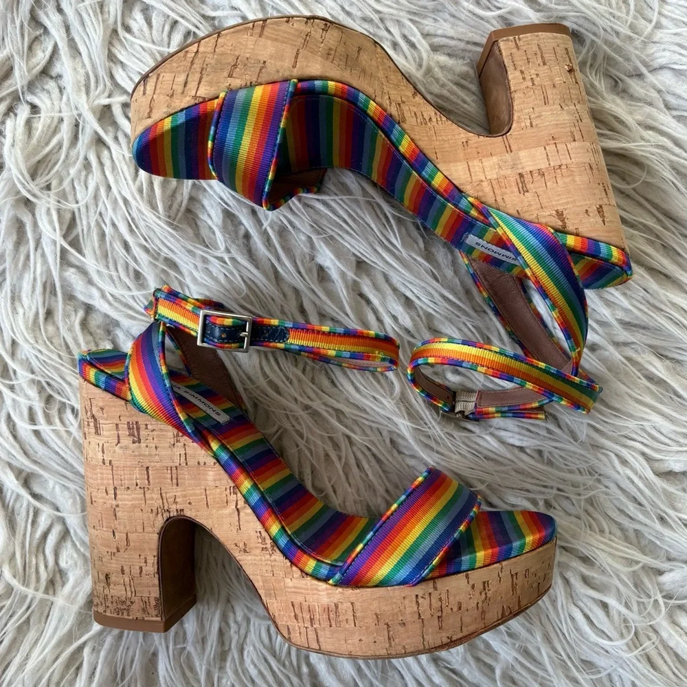 TABITHA SIMMONS Calla Rainbow Silk Ankle Strap Cork Wedge Platform Heel EUC 38.5